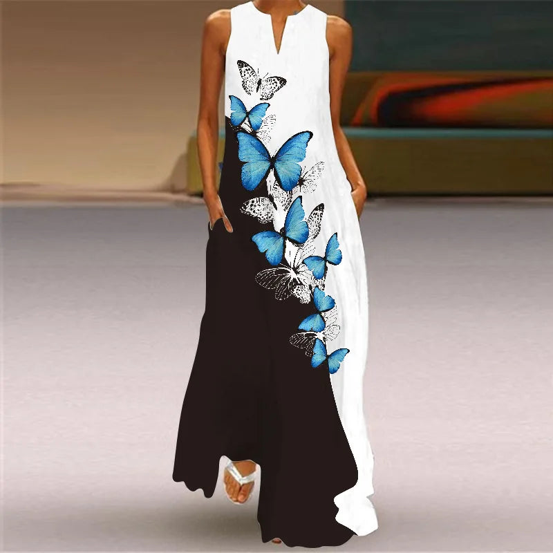 Vestido Largo Estampado Sin Mangas — Estilo Vintage Verano