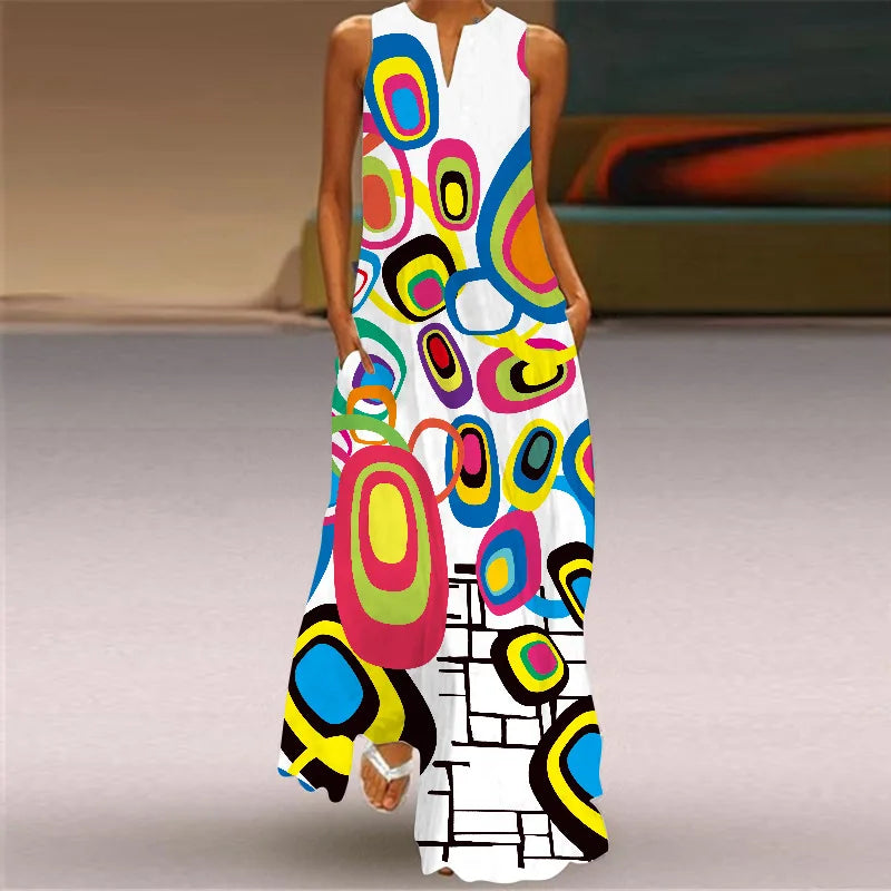 Vestido Largo Estampado Sin Mangas — Estilo Vintage Verano