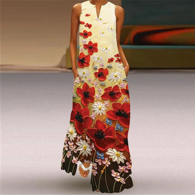 Vestido Largo Estampado Sin Mangas — Estilo Vintage Verano