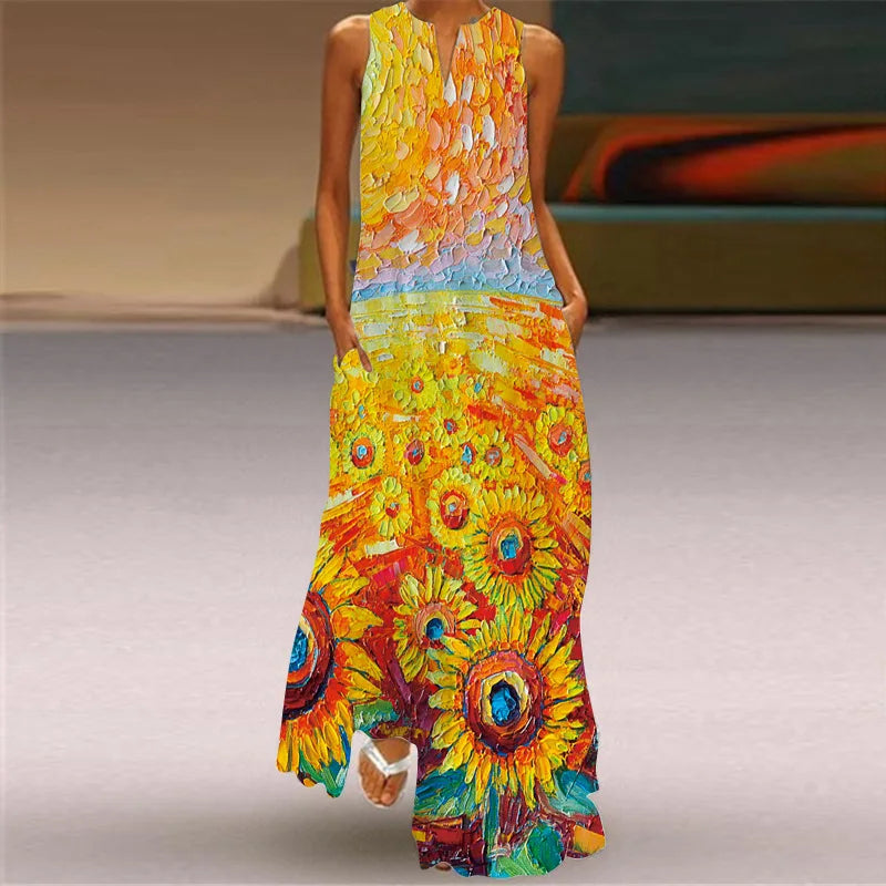 Vestido Largo Estampado Sin Mangas — Estilo Vintage Verano