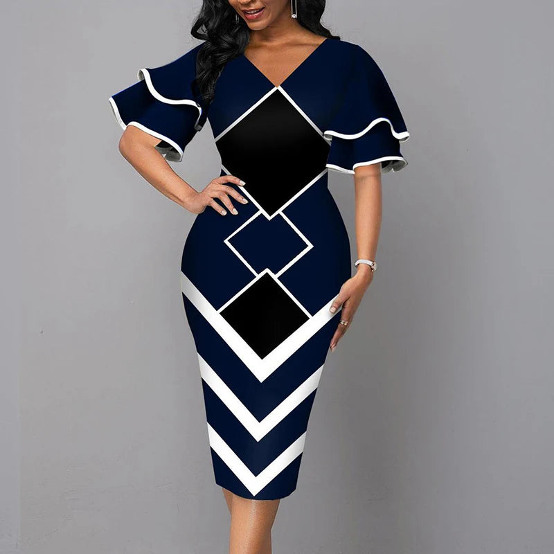 Vestido Ajustado Escote V con Manga Corta — Estilo Vintage