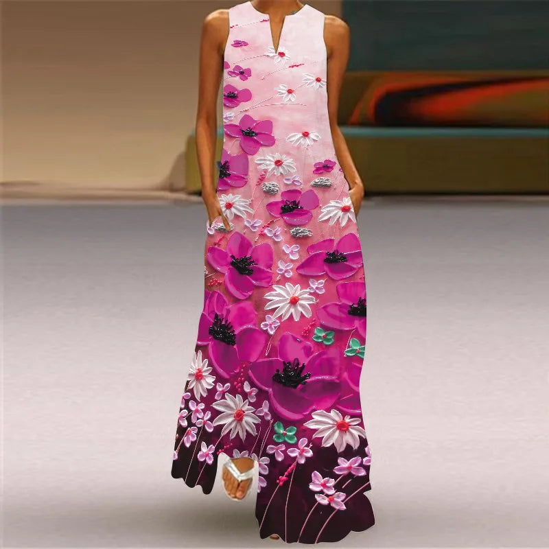 Vestido Largo Estampado Sin Mangas — Estilo Vintage Verano