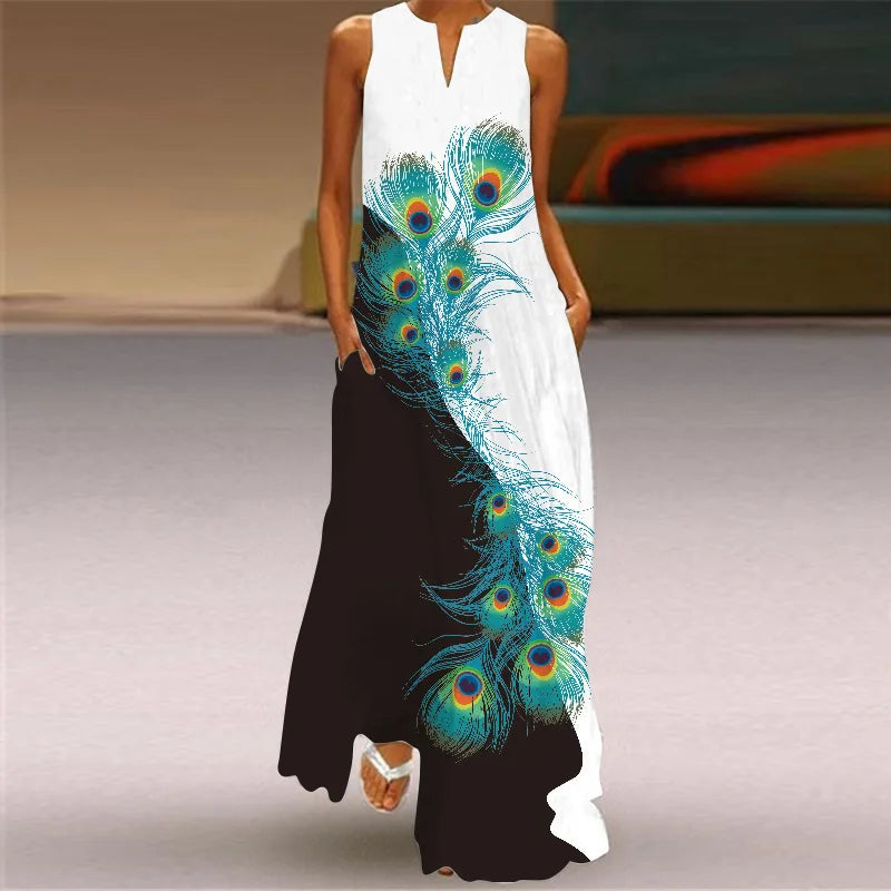 Vestido Largo Estampado Sin Mangas — Estilo Vintage Verano