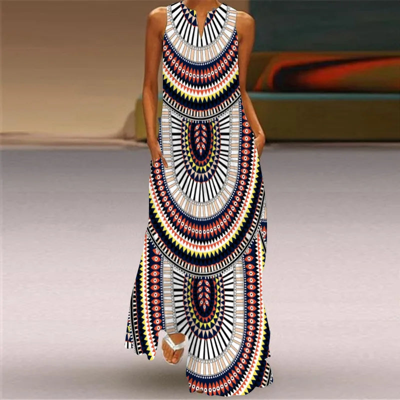 Vestido Largo Estampado Sin Mangas — Estilo Vintage Verano