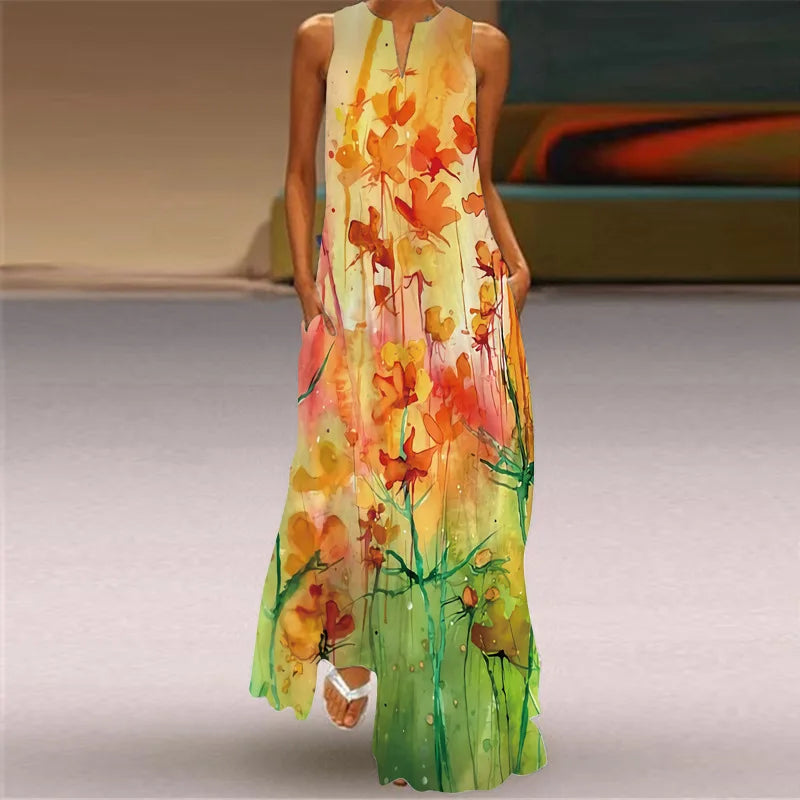 Vestido Largo Estampado Sin Mangas — Estilo Vintage Verano