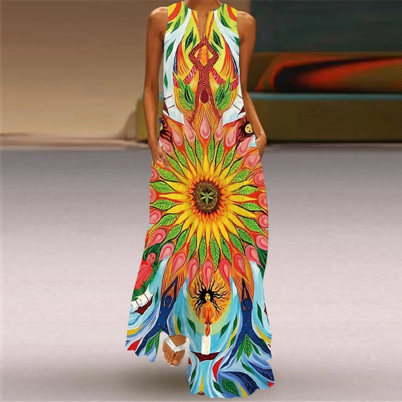 Vestido Largo Estampado Sin Mangas — Estilo Vintage Verano