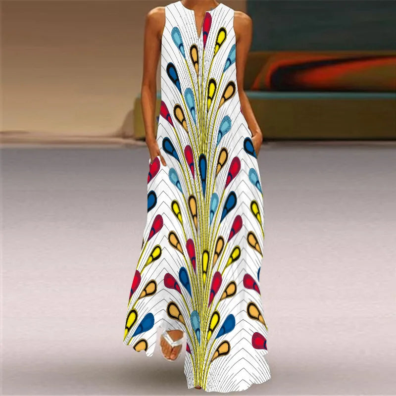 Vestido Largo Estampado Sin Mangas — Estilo Vintage Verano