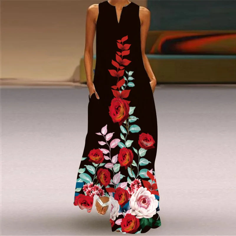 Vestido Largo Estampado Sin Mangas — Estilo Vintage Verano