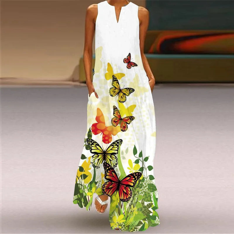 Sleeveless Printed Long Dress — Vintage Summer Style