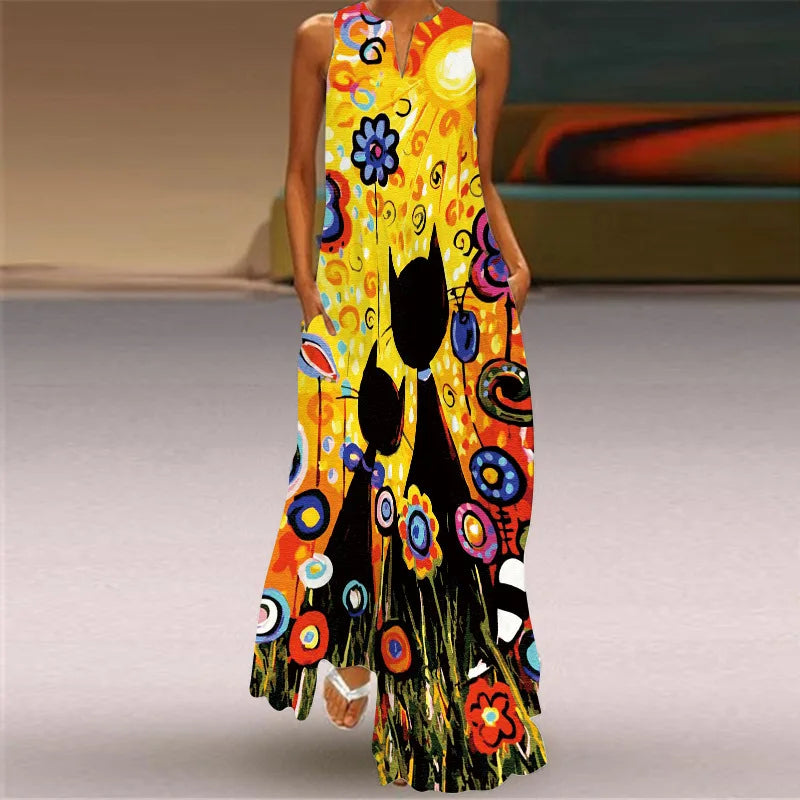 Vestido Largo Estampado Sin Mangas — Estilo Vintage Verano