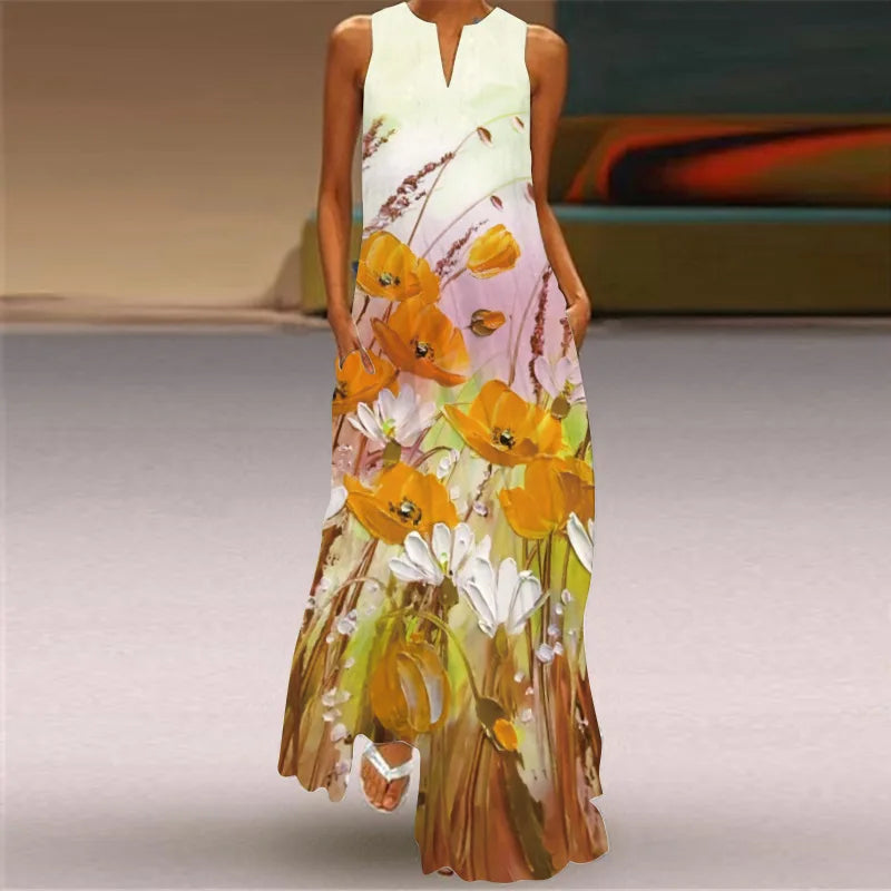 Vestido Largo Estampado Sin Mangas — Estilo Vintage Verano