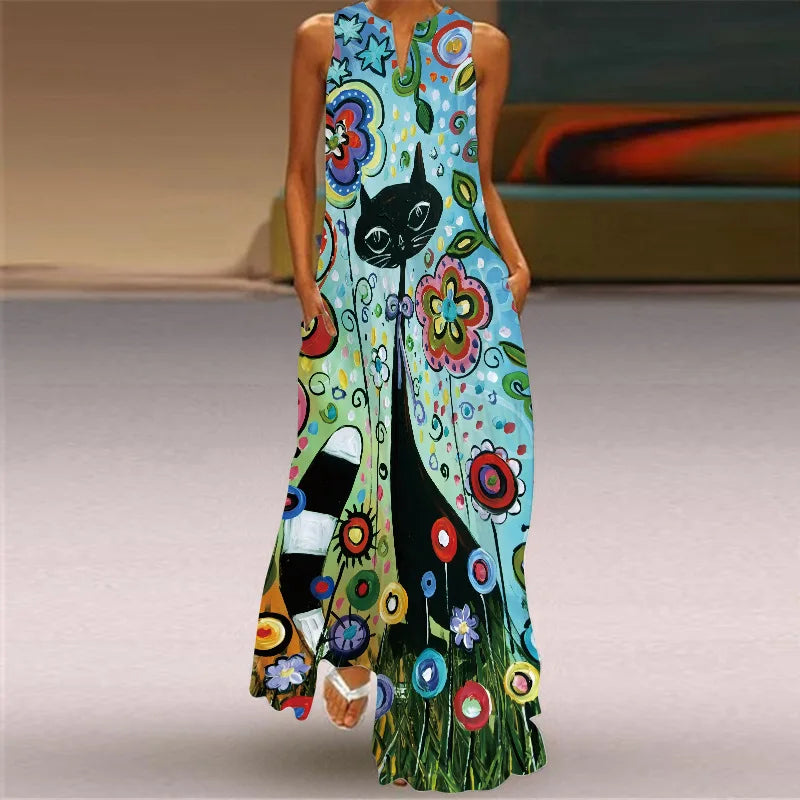 Vestido Largo Estampado Sin Mangas — Estilo Vintage Verano
