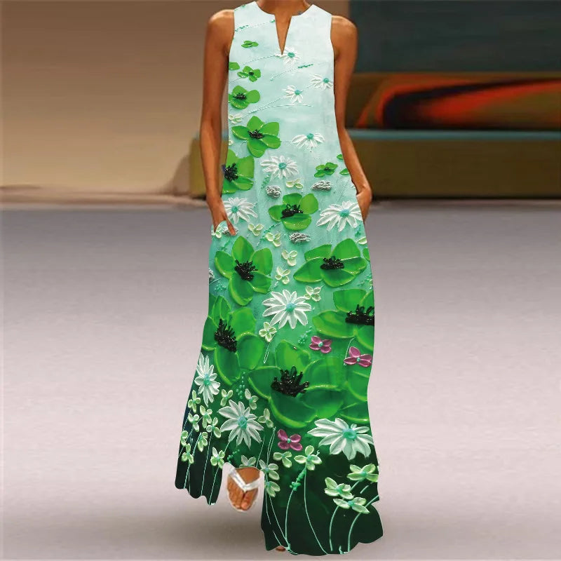 Vestido Largo Estampado Sin Mangas — Estilo Vintage Verano