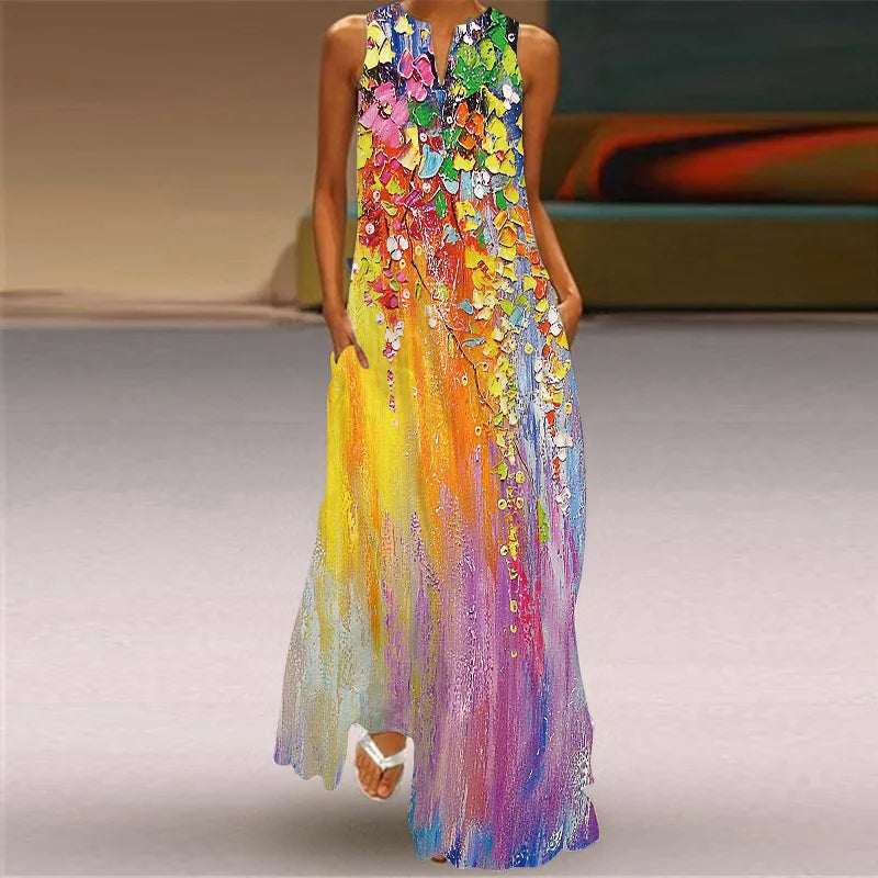 Vestido Largo Estampado Sin Mangas — Estilo Vintage Verano
