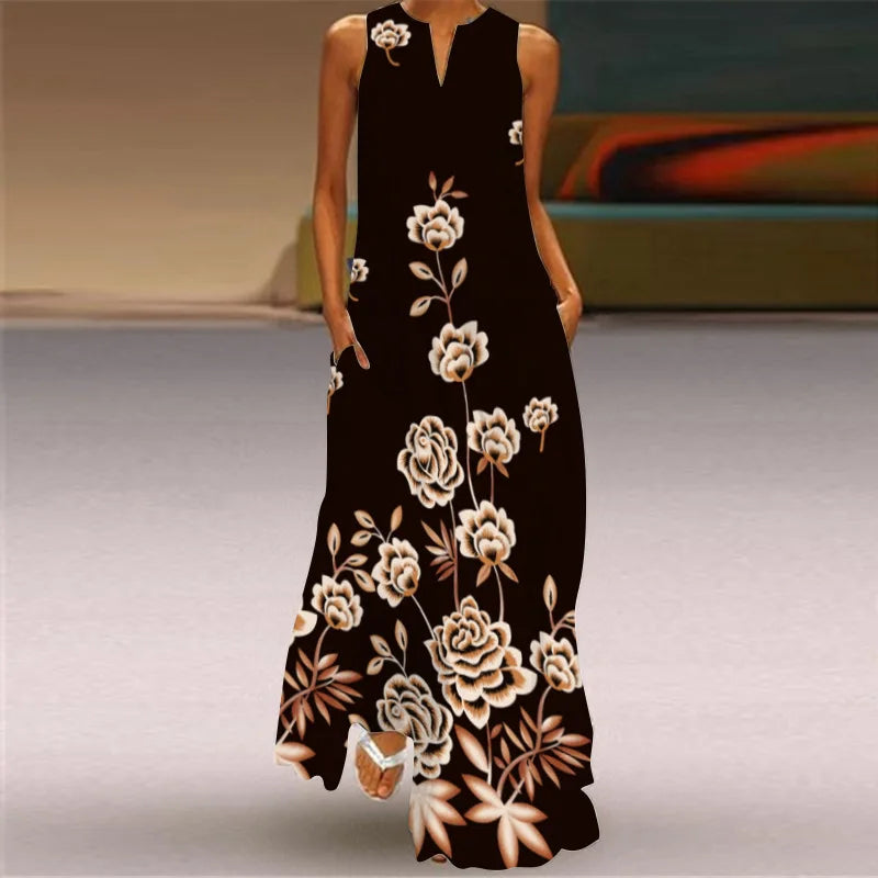 Vestido Largo Estampado Sin Mangas — Estilo Vintage Verano