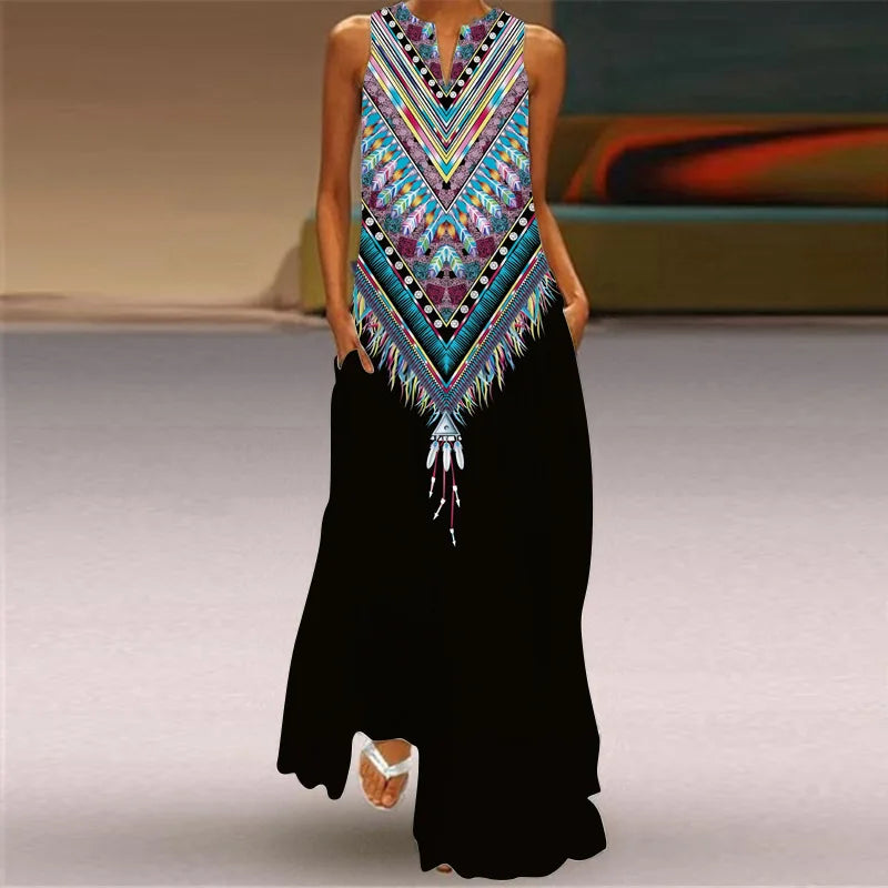 Vestido Largo Estampado Sin Mangas — Estilo Vintage Verano