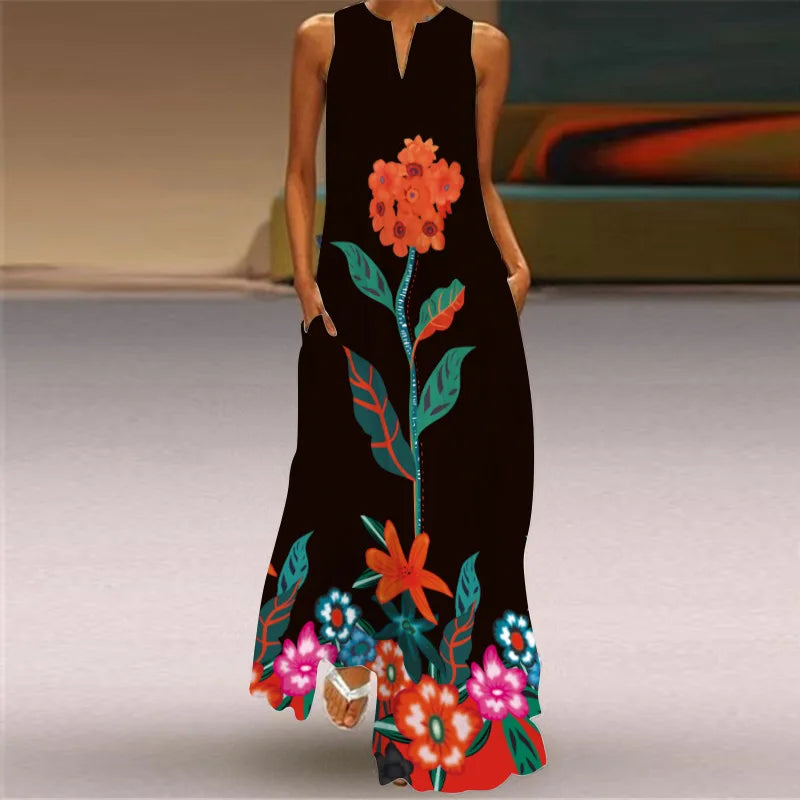 Vestido Largo Estampado Sin Mangas — Estilo Vintage Verano