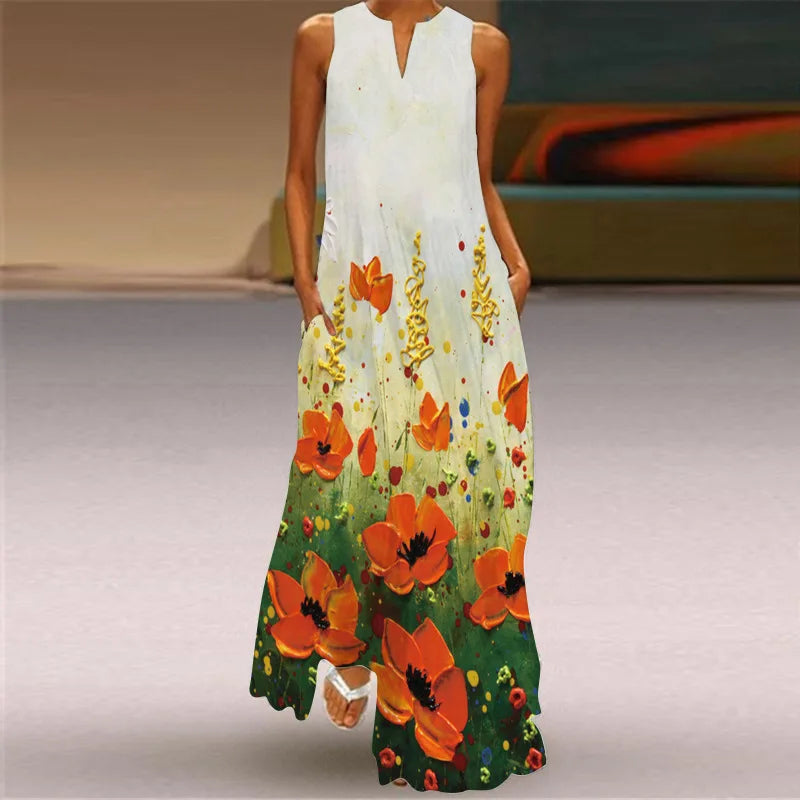Vestido Largo Estampado Sin Mangas — Estilo Vintage Verano