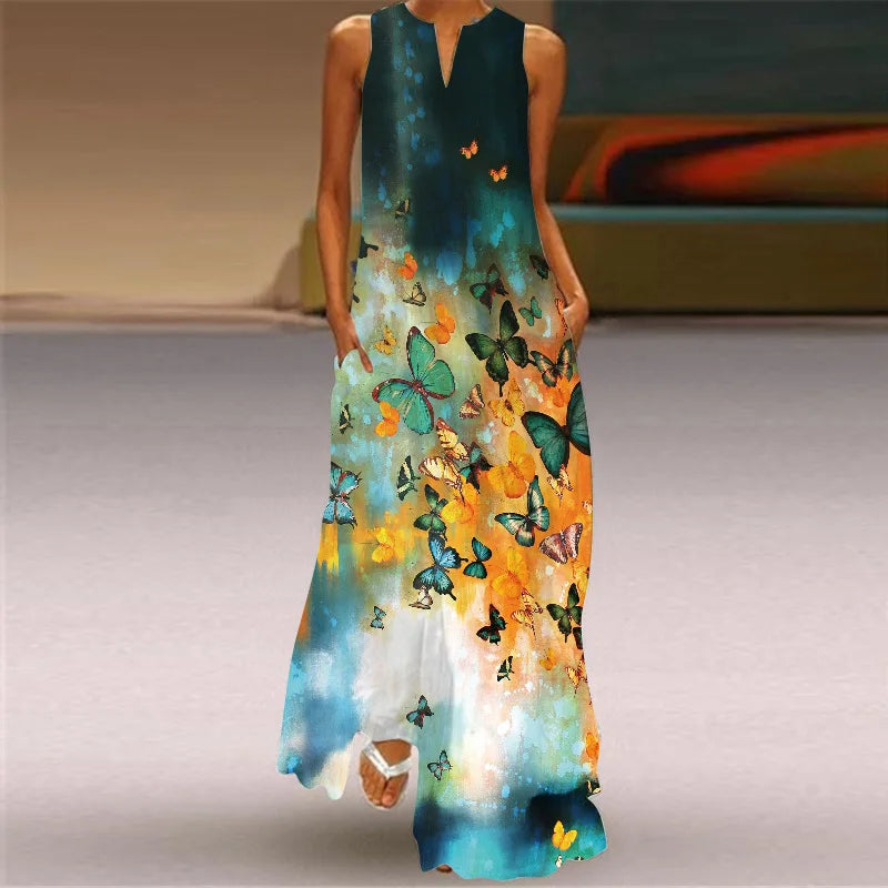 Vestido Largo Estampado Sin Mangas — Estilo Vintage Verano
