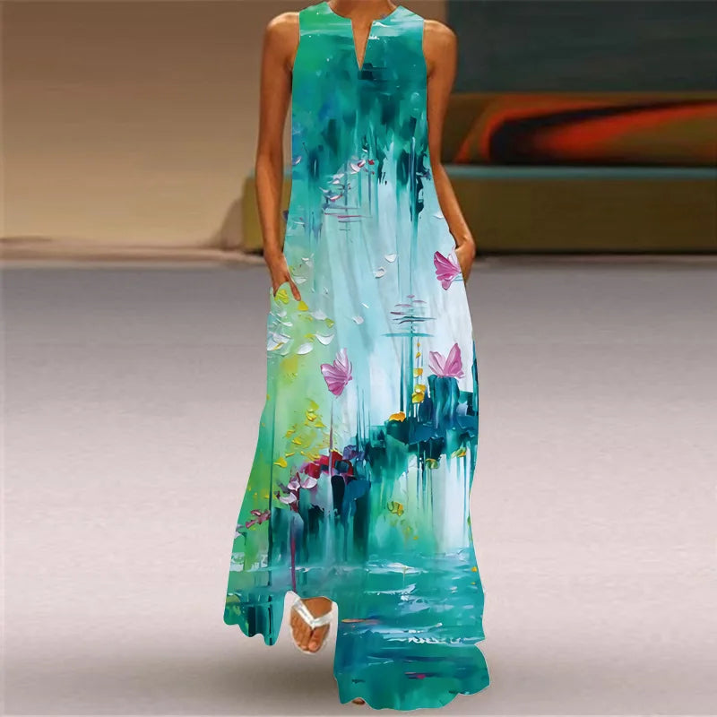 Vestido Largo Estampado Sin Mangas — Estilo Vintage Verano