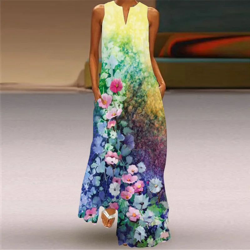 Vestido Largo Estampado Sin Mangas — Estilo Vintage Verano