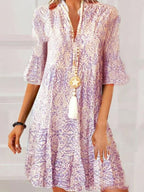 Vestido Estampado Escote V con Manga Tres Cuartos
