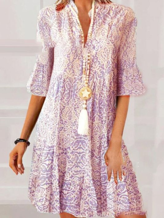 Vestido Estampado Escote V con Manga Tres Cuartos