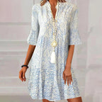 Vestido Estampado Escote V con Manga Tres Cuartos