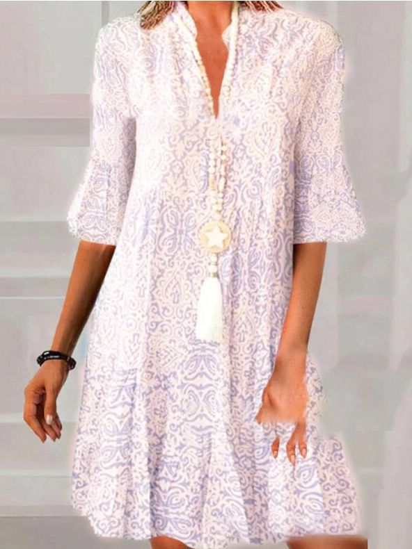 Vestido Estampado Escote V con Manga Tres Cuartos