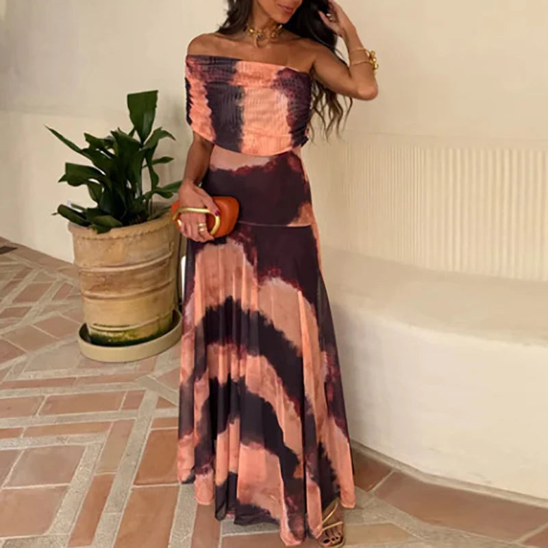 Vestido Largo Strapless de Malla con Cintura Alta