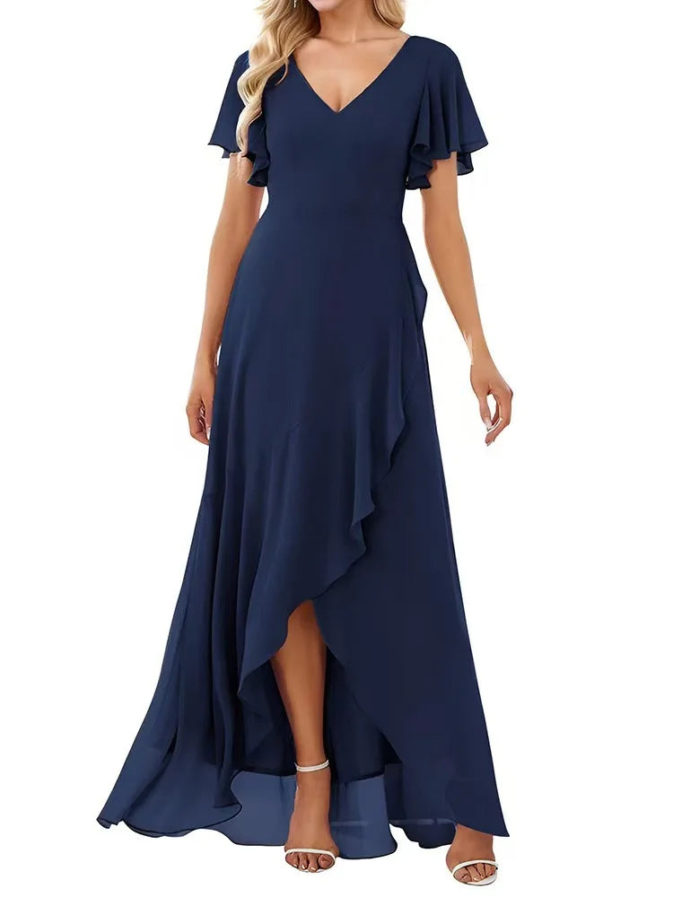Vestido Largo de Gasa con Manga Corta y Escote Doble V
