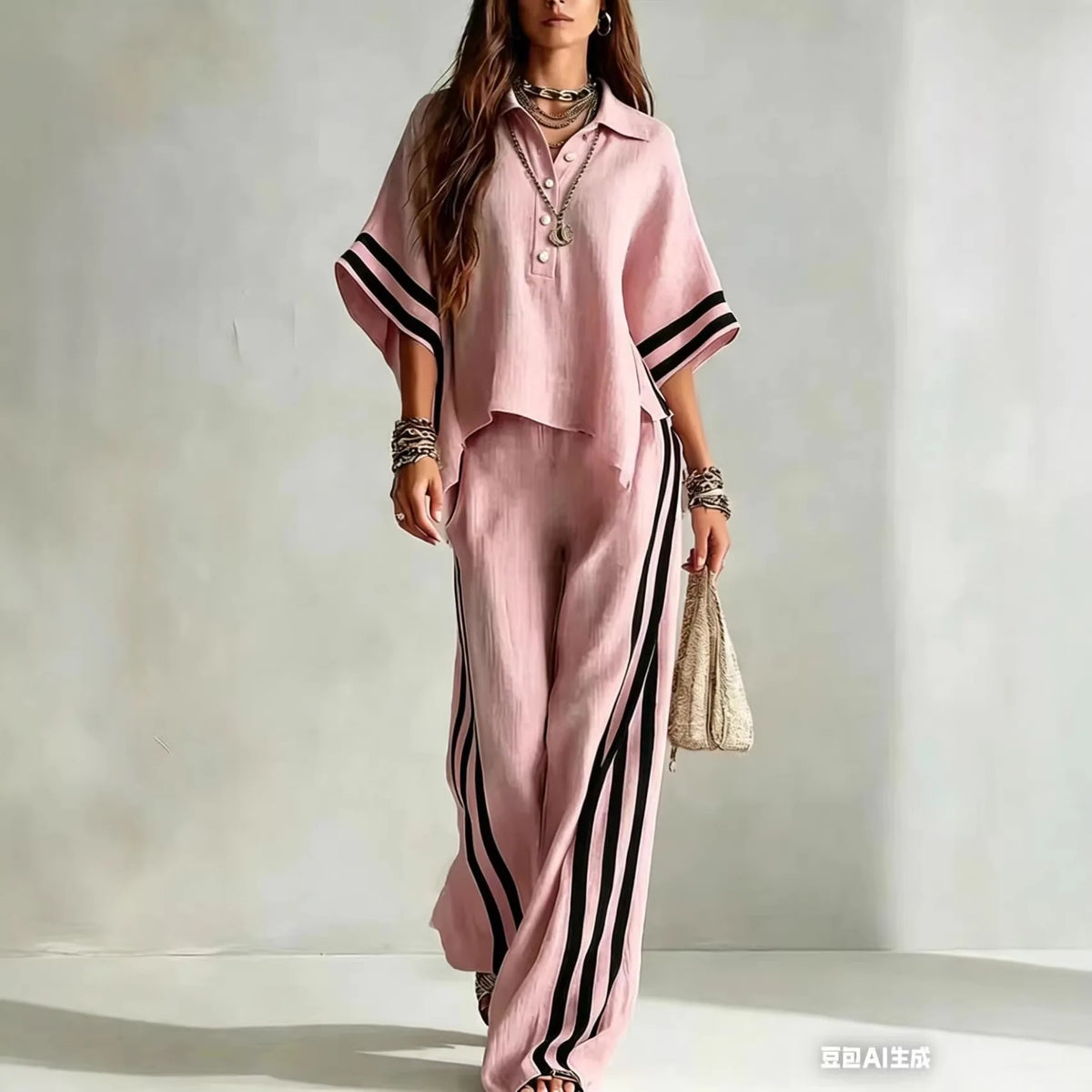 Conjunto Casual Blusa de Solapa y Pantalón a Rayas