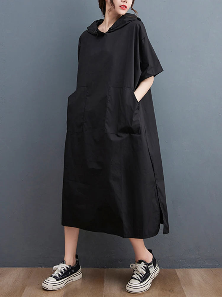 Vestido Largo Negro Oversized con Capucha — Estilo Casual