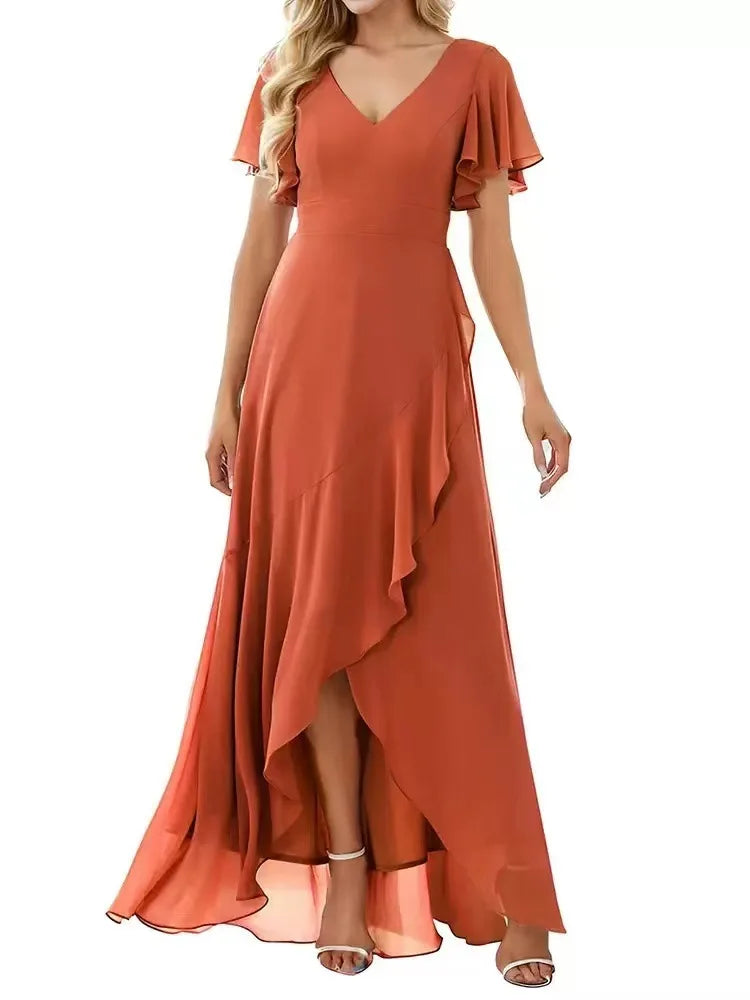 Vestido Largo de Gasa con Manga Corta y Escote Doble V