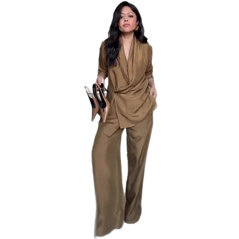 Conjunto de 2 Piezas: Blusa y Pantalón Palazzo — Traje Elegante de Otoño 2025