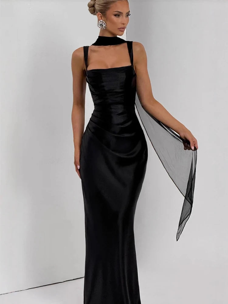 Vestido Maxi Satinado con Lazo y Espalda Descubierta