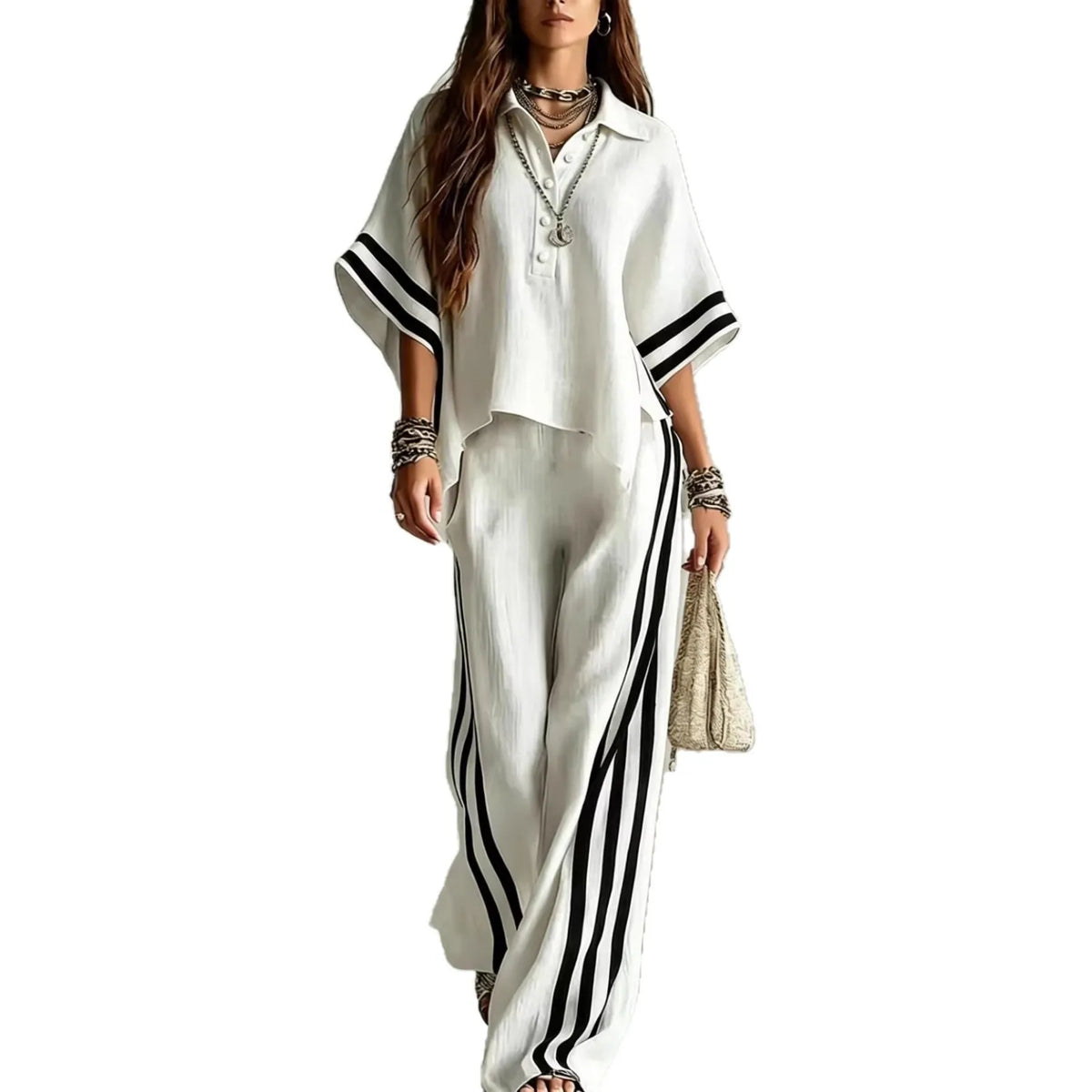 Conjunto Casual Blusa de Solapa y Pantalón a Rayas