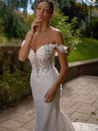 Vestido de Novia Satínado con Encaje y Hombros Descubiertos