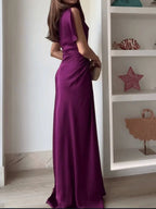 Vestido Largo Drapeado Cuello Redondo con Cintura Alta