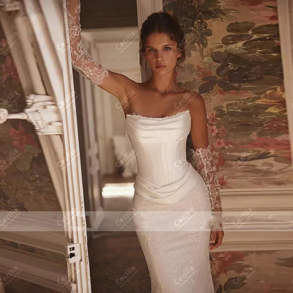 Vestido de Novia Satínado con Encaje y Espalda Descubierta