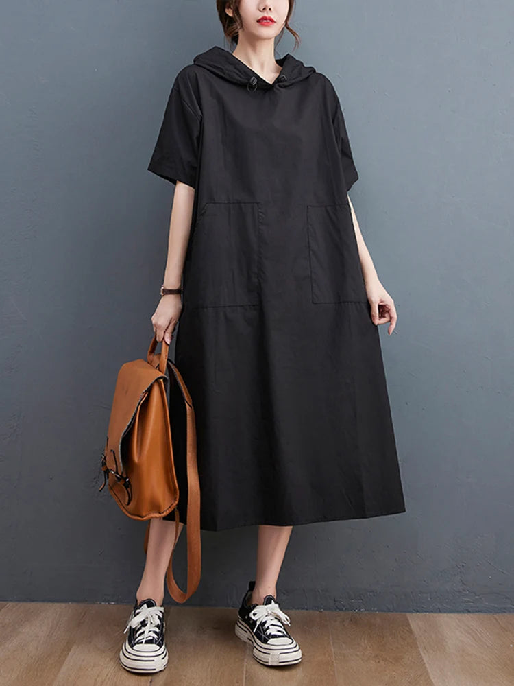 Vestido Largo Negro Oversized con Capucha — Estilo Casual