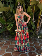 Vestido Largo Strapless con Pliegues Coloridos