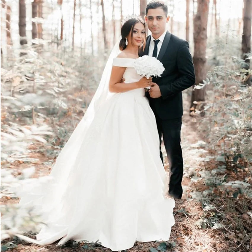 Satin V-Neck Off-Shoulder Wedding Dress
