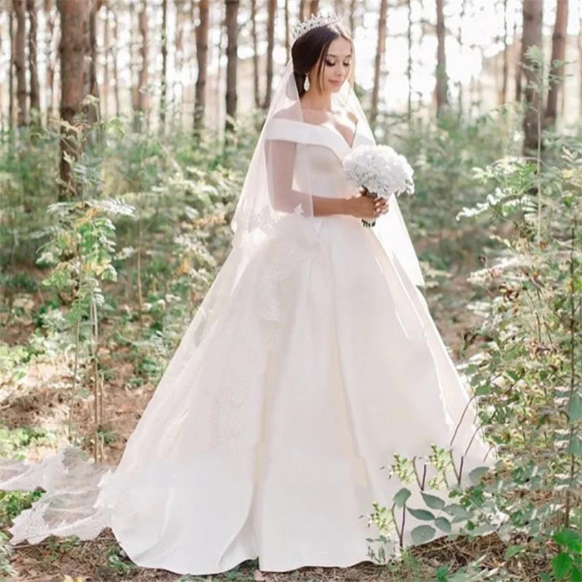 Satin V-Neck Off-Shoulder Wedding Dress