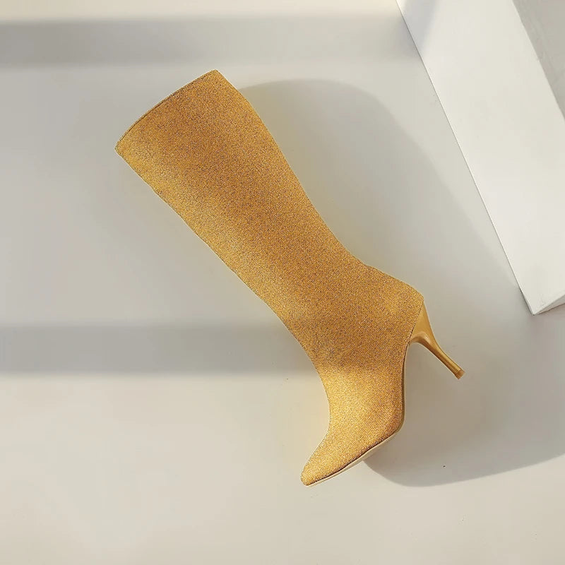 Bota Media Pierna con Lentejuelas – Tacón Fino Super Alto Invierno