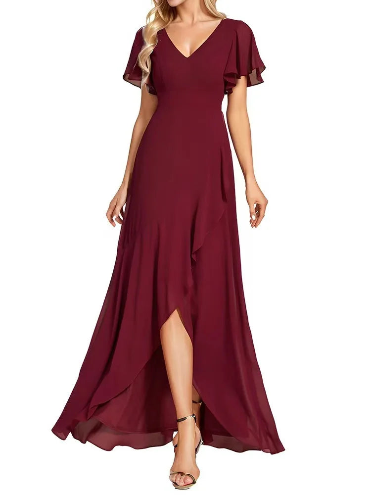 Vestido Largo de Gasa con Manga Corta y Escote Doble V