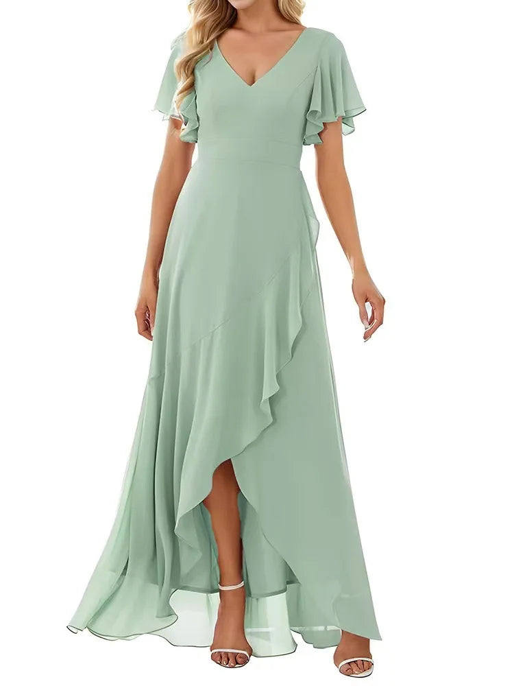 Vestido Largo de Gasa con Manga Corta y Escote Doble V