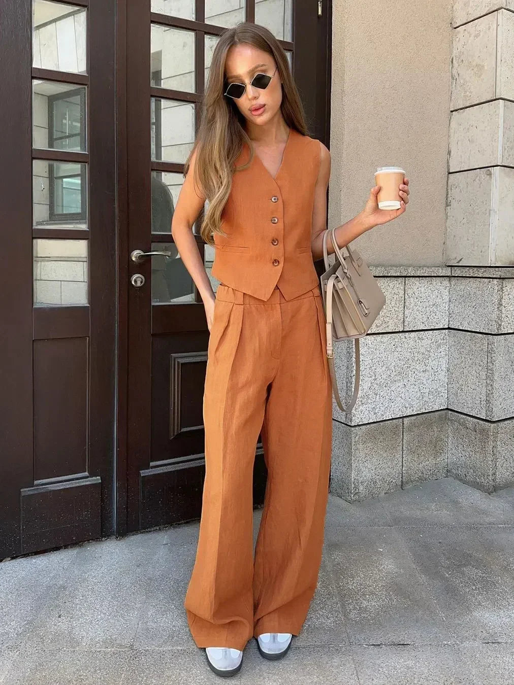 Conjunto de 2 Piezas en Lino y Algodón — Chaleco y Pantalón Palazzo Estilo Coreano