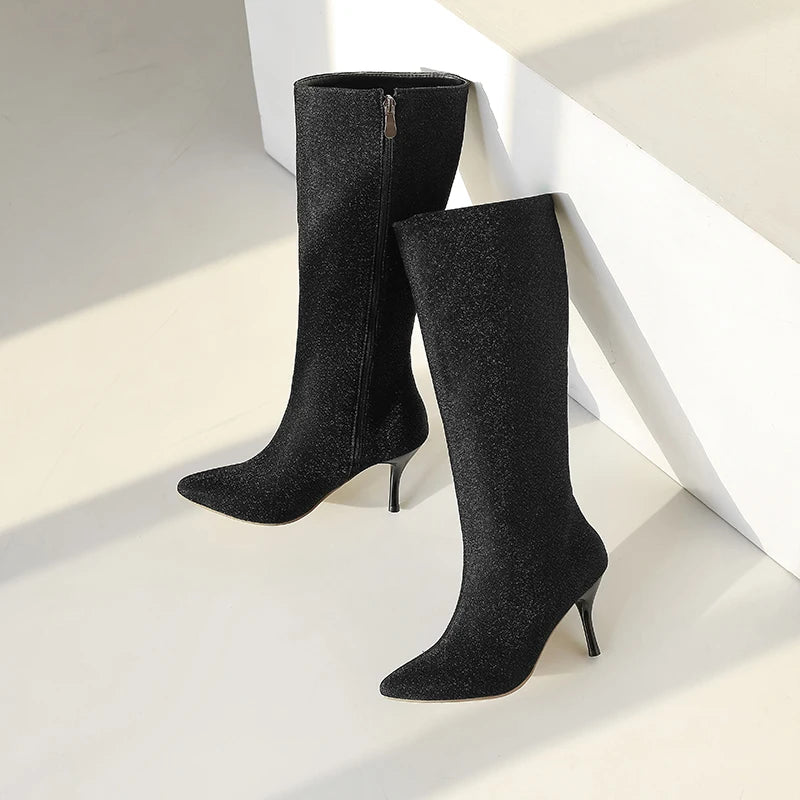 Bota Media Pierna con Lentejuelas – Tacón Fino Super Alto Invierno