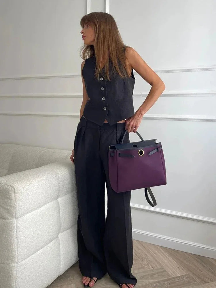 Conjunto de 2 Piezas en Lino y Algodón — Chaleco y Pantalón Palazzo Estilo Coreano